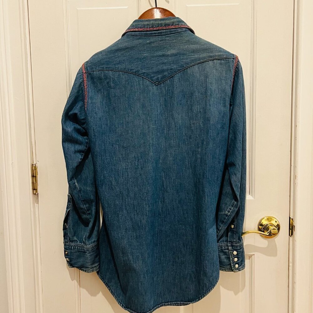 Vtg 70's Maverick Embroidered Denim Pearl Snap Shirt Long Tail Western Cowboy - Picture 13 of 16